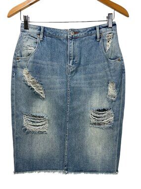 DITTOS Denim Mini Skirt Sz 26 Light Denim Wash Distressed Denim Fringe Cotton